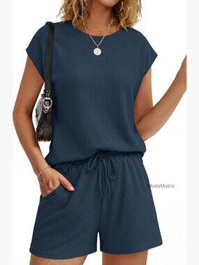 Waffle Knit Short Set Lounge Wear Cap Sleeve Drawstring Vacation Outfits